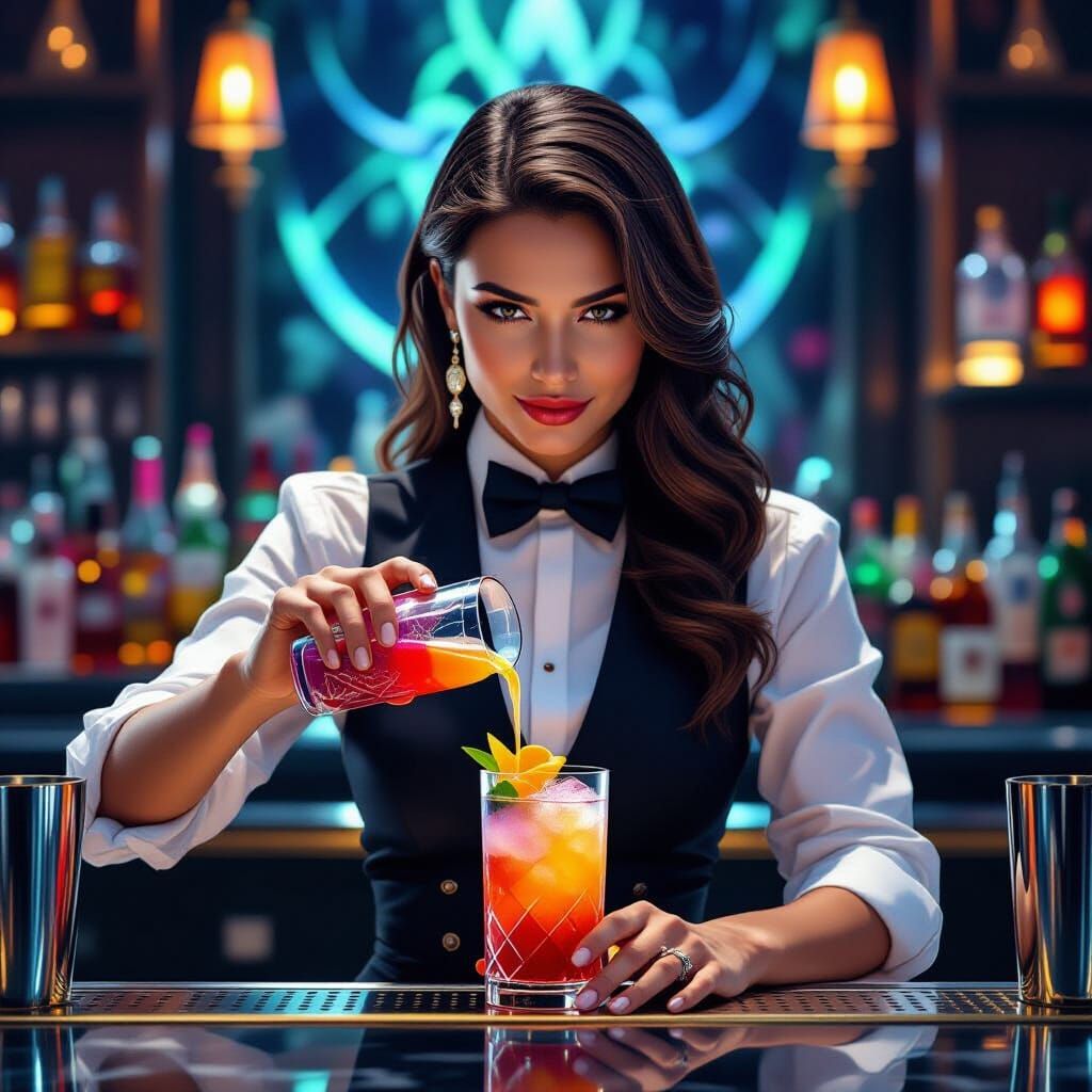 Futuristic Bartender Mixes Colorful Drinks in Digital Art