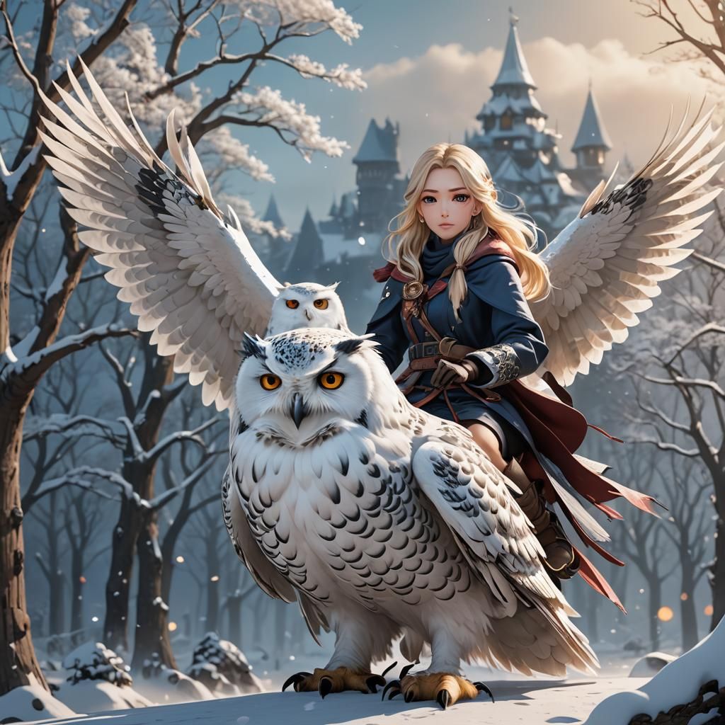 Anime Girl on Snowy Owl, Detailed Matte Painting
