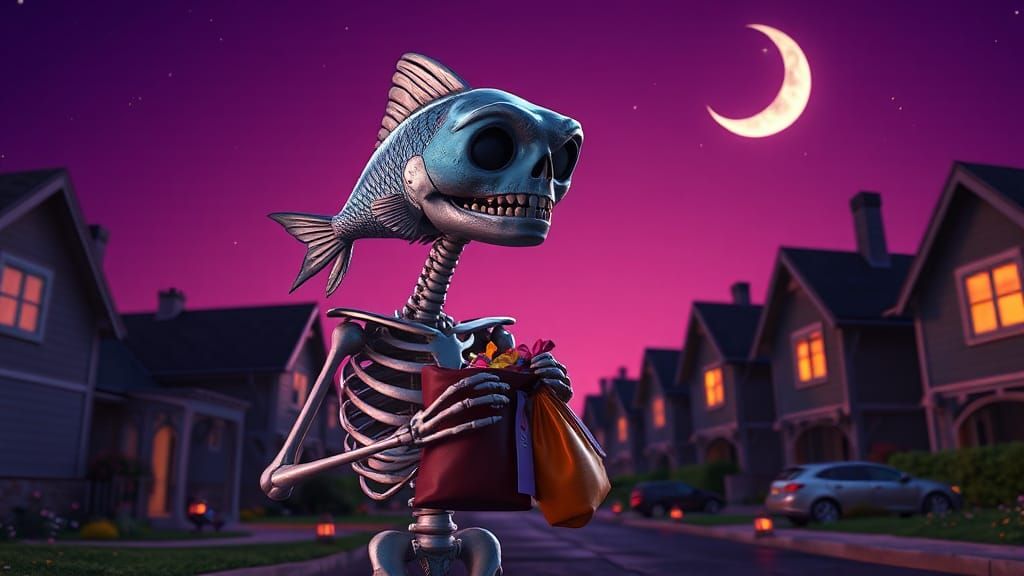 Fish-Headed Skeleton Trick-or-Treating: 3D Digital Art