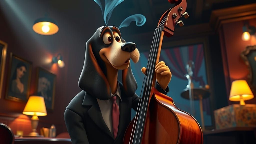 Basset Hound Plays Double Bass in Smoky Jazz Club