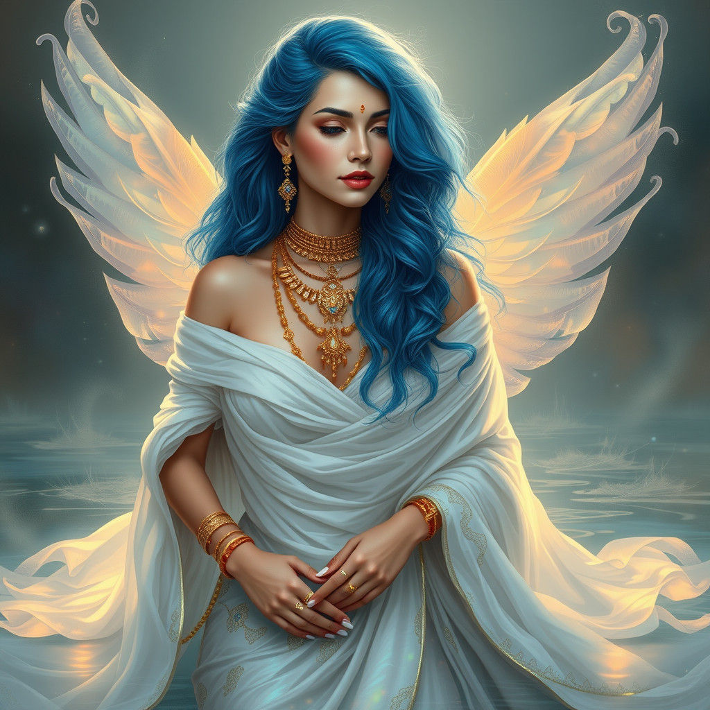 River Spirit with Blue Hair in Ethereal Style