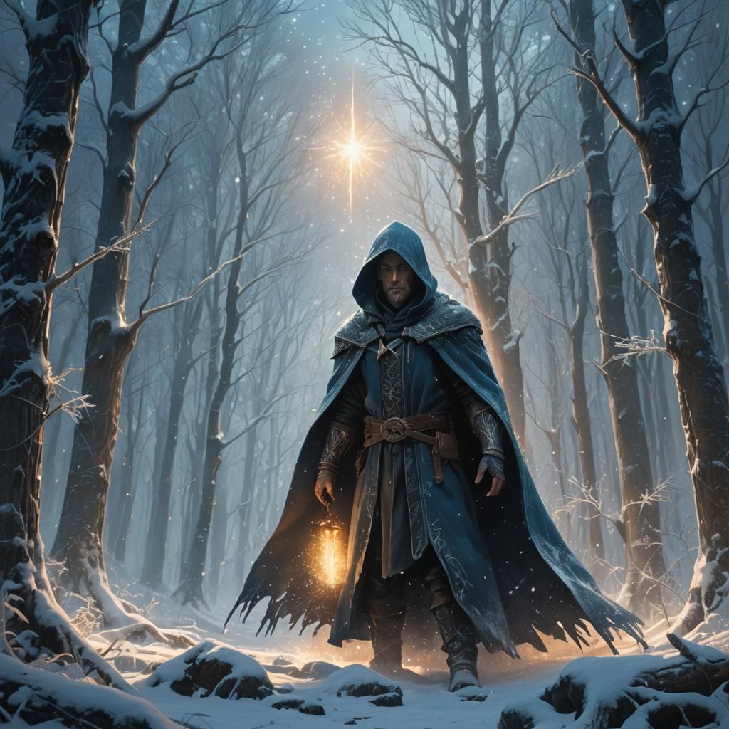 Blizzard Engulfs Cloaked Figure in Frozen Forest