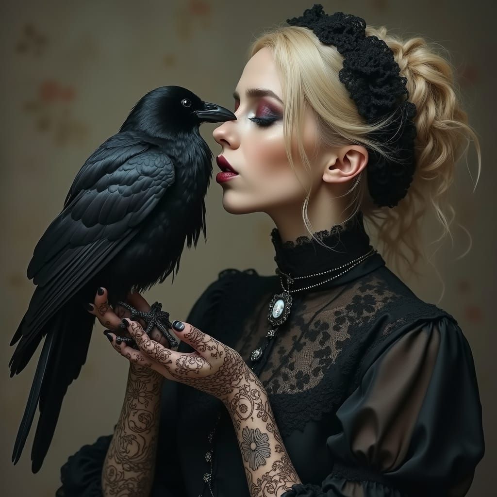 Gothic Woman Tenderly Kisses Raven in Victorian-Inspired Att...