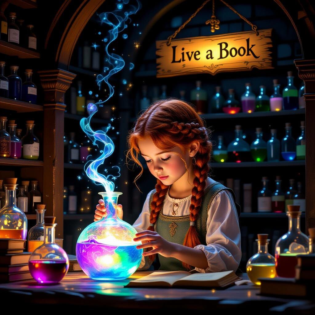 Young Girl Studies Magical Potion in Ancient Library