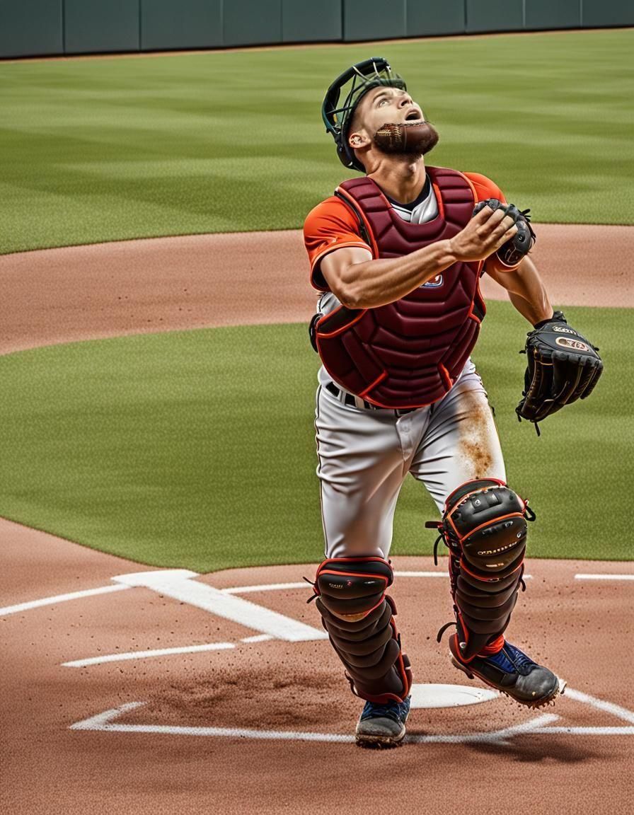 Baseball catcher looking up to catch a foul ball