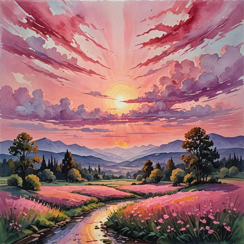 Romantic Sunset Landscape in Gouache and Watercolor Style