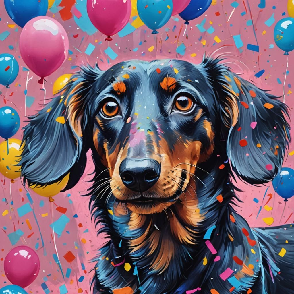 Blue Dachshund Birthday in Fauvist Art Style