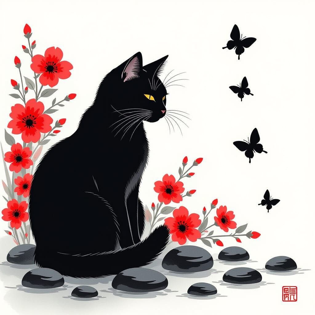 Black Cat Amidst Red Flowers in Sumi-e Style