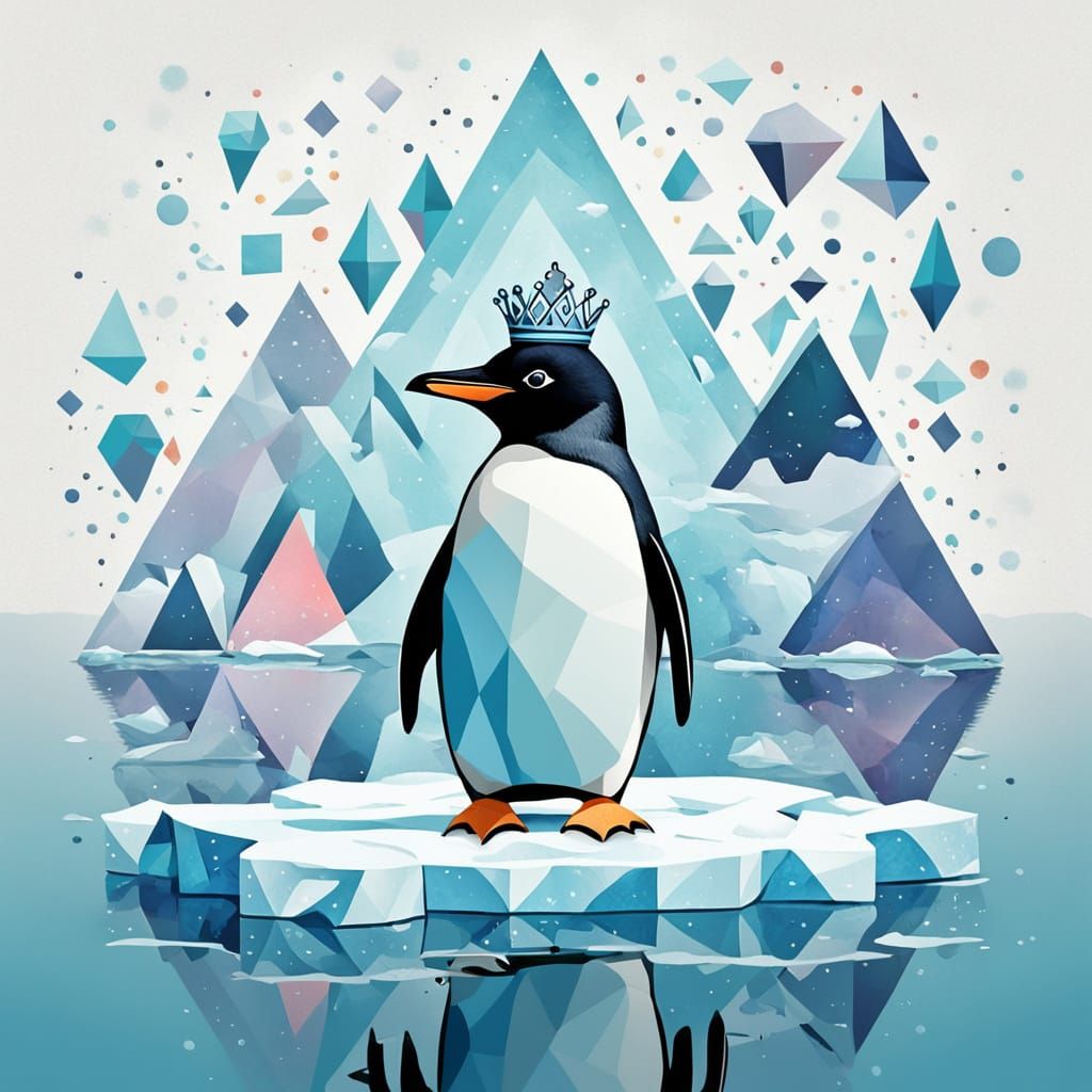 Stoic Penguin with Crown on Musical Note Iceberg