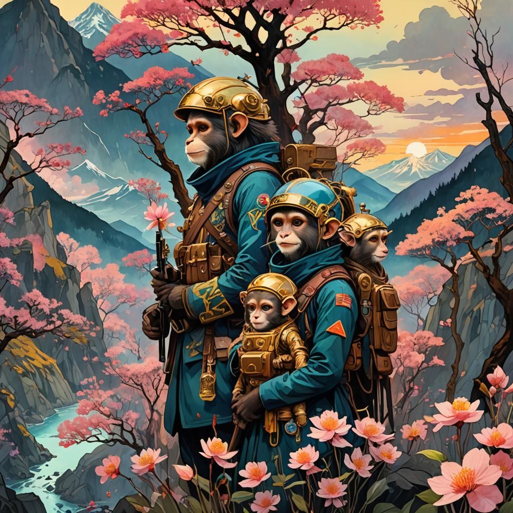 Surreal Mars Duel: Marmosets in Watercolor Style