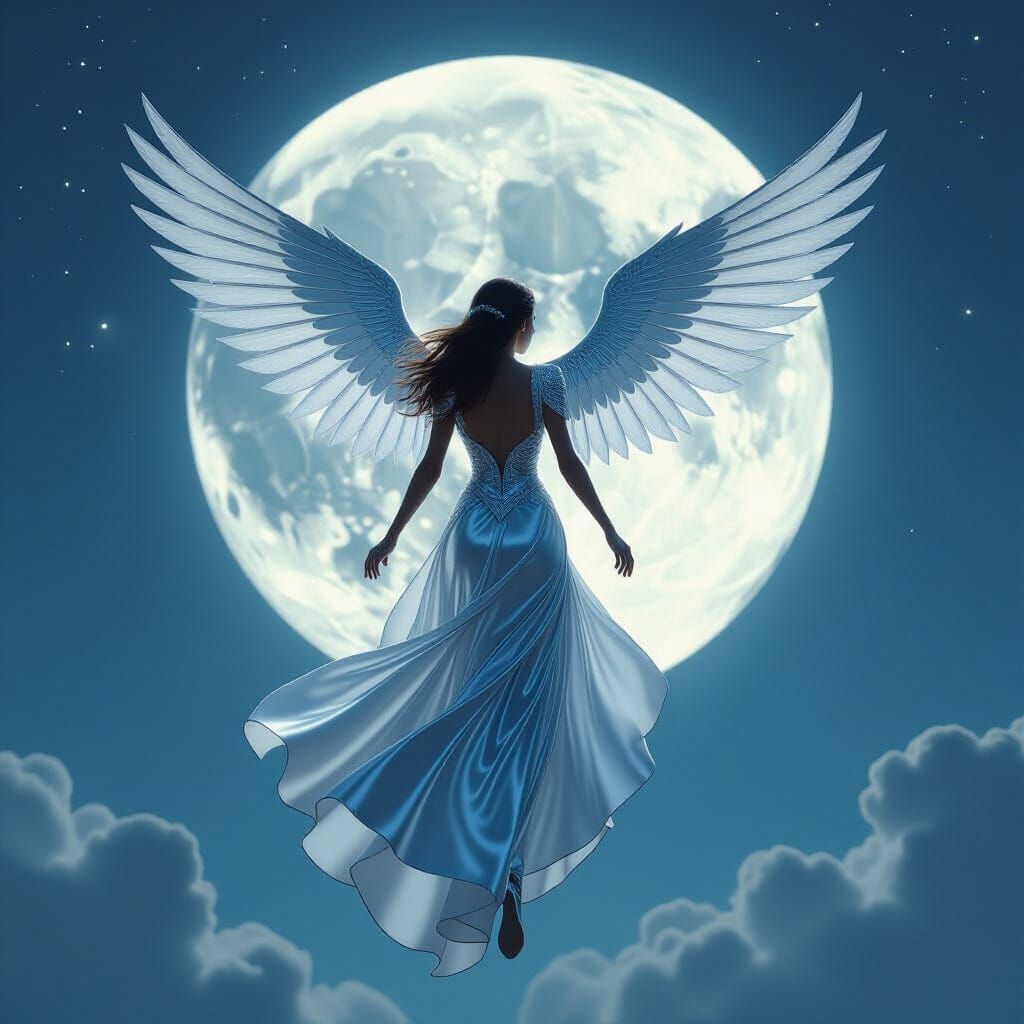 Silver Winged Girl Blocks the Moon, Digital Art