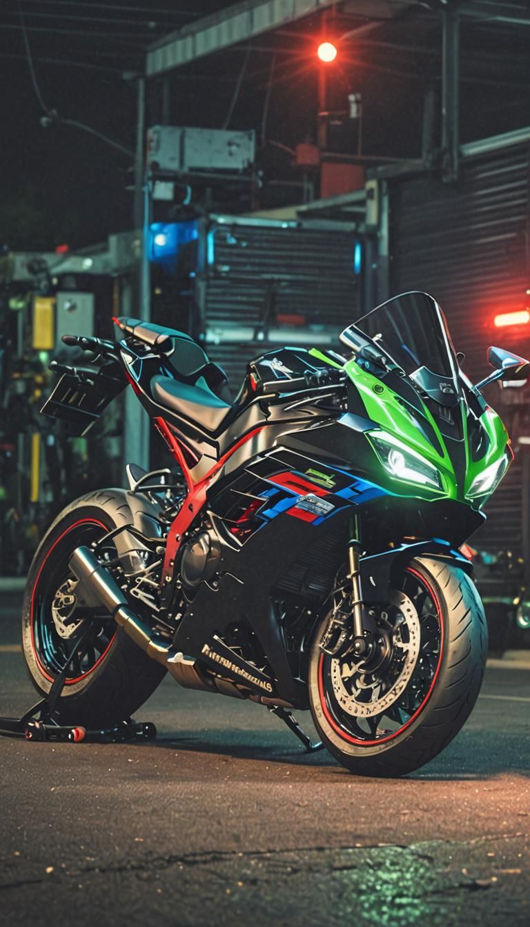 Sleek Kawasaki Ninja with Neon Lights in 8K