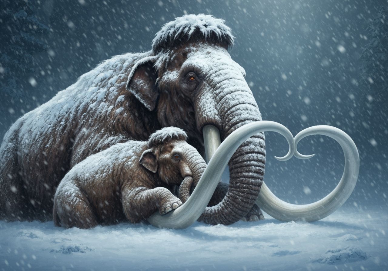 Woolly Mammoth Protecting Baby in Snowstorm as Oil Painting
