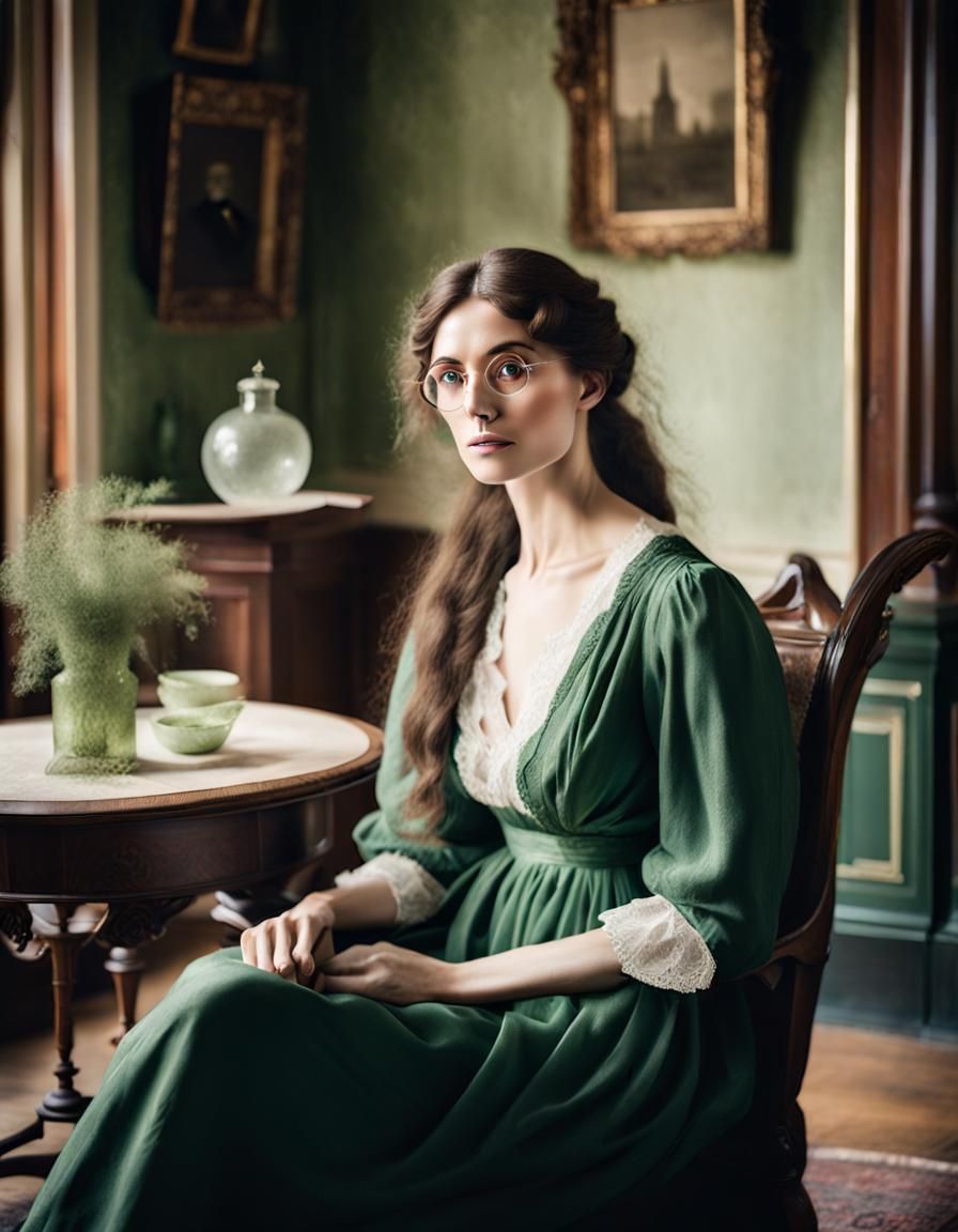Victorian Woman in Green Nightgown, Vintage Photograph