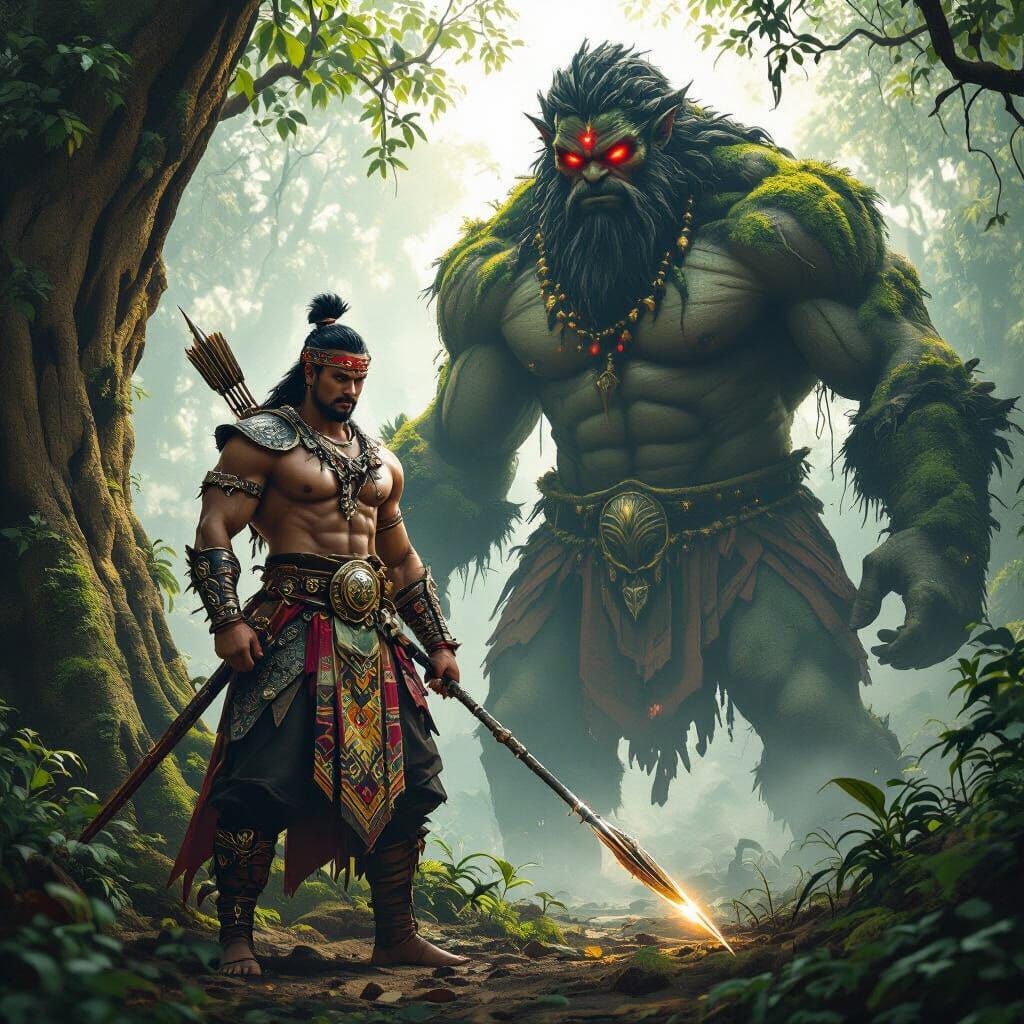 Malay Warrior and Forest Giant, Hyperrealistic Digital Art