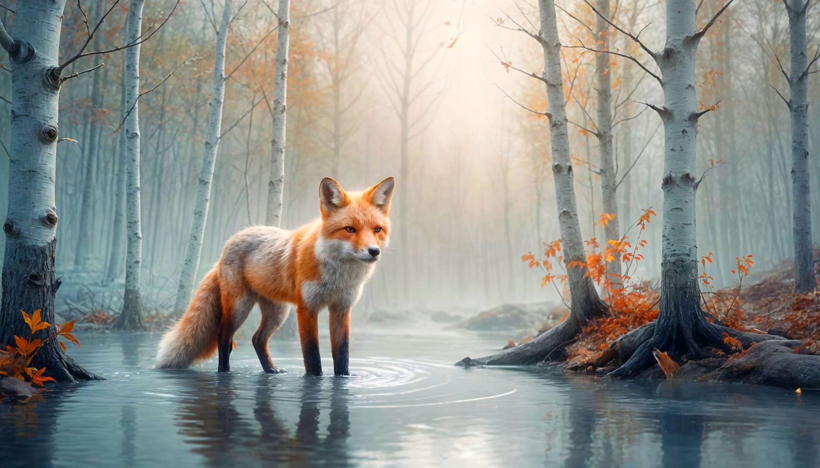 Red Fox in Birch Forest, Sfumato Style
