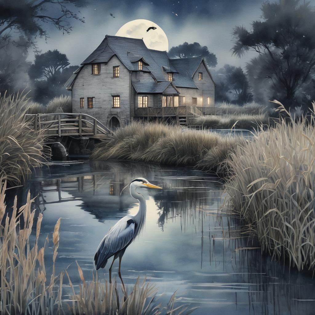 Monochrome Blue Watercolor of Watermill at Night