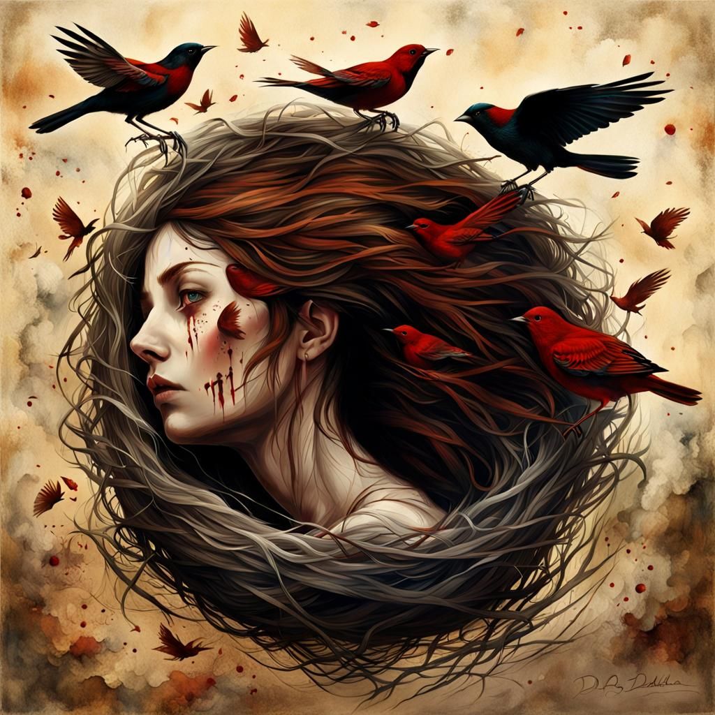 Surreal Birds Nesting in Hair: Eerie Beauty