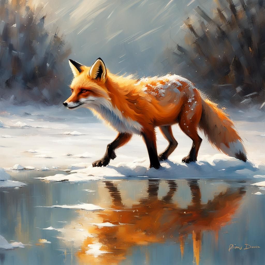 Fox on Frozen Lake in Blizzard with Gold Accents