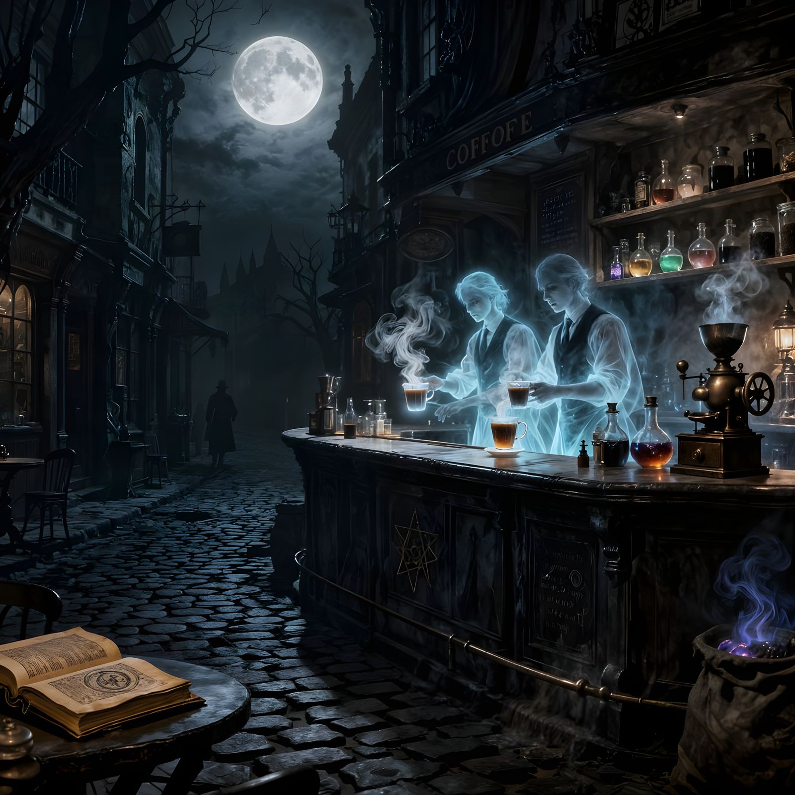 Gothic Coffeehouse with Ghostly Baristas in Moonlight