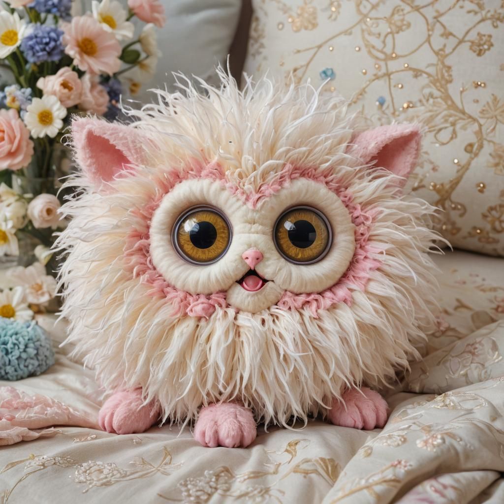 Cute Fluffy Pillow Creature in Luxury Bedroom