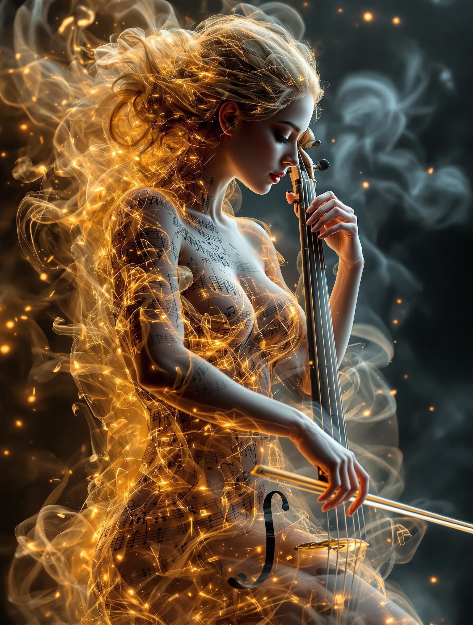 Surreal Cellist Emerges from Cello in Ethereal Harmony