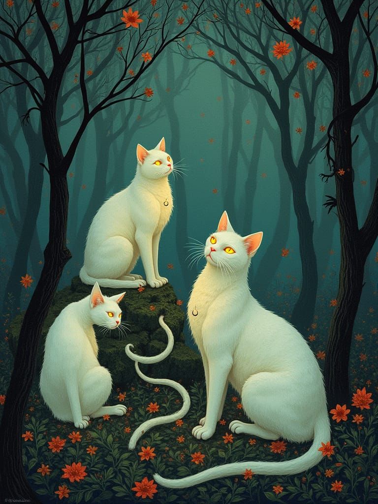 Ethereal Feline Gathering in a Pre-Raphaelite Landscape