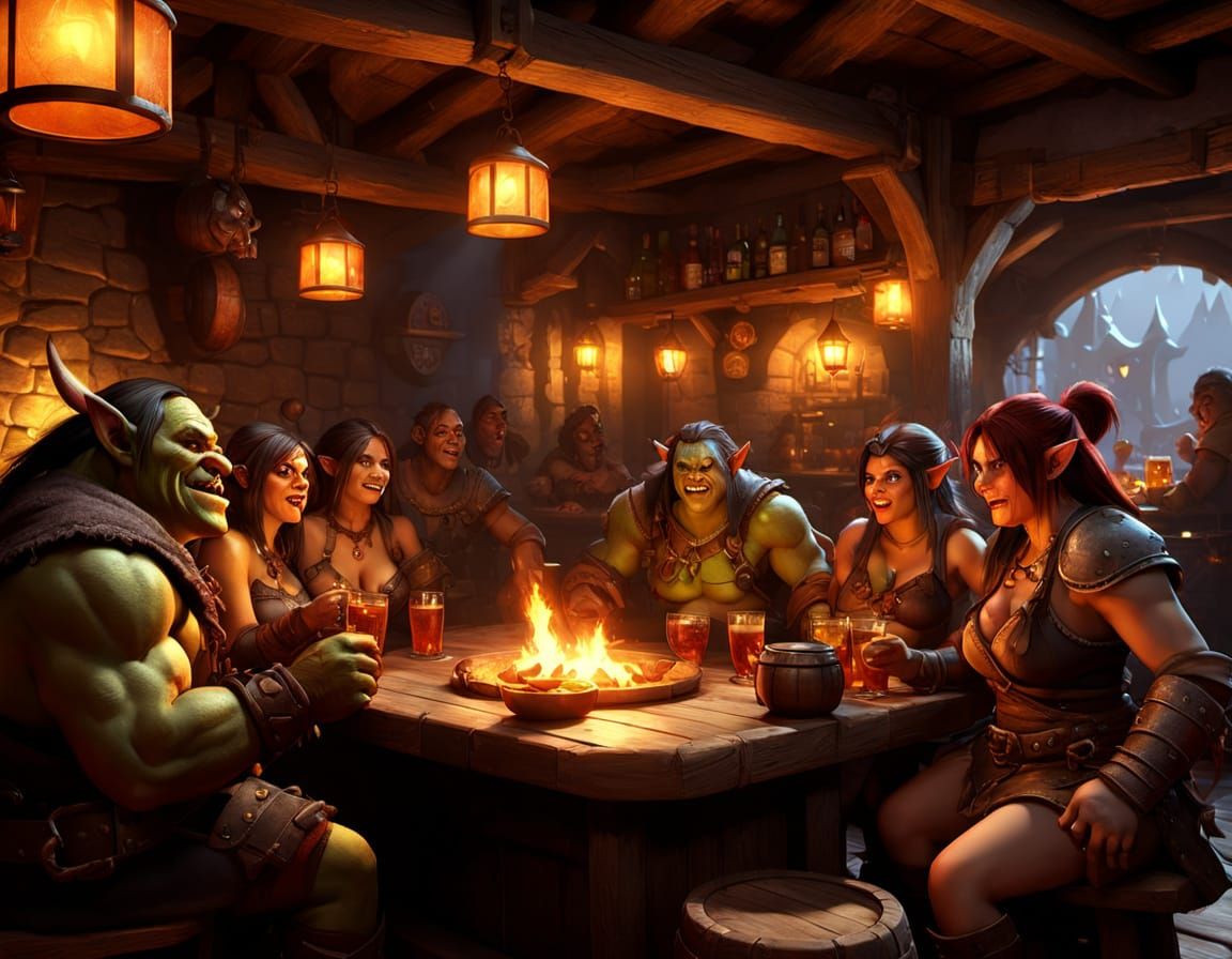 Fantasy Female Orcs Enjoy a Night Out in a Vibrant Tavern