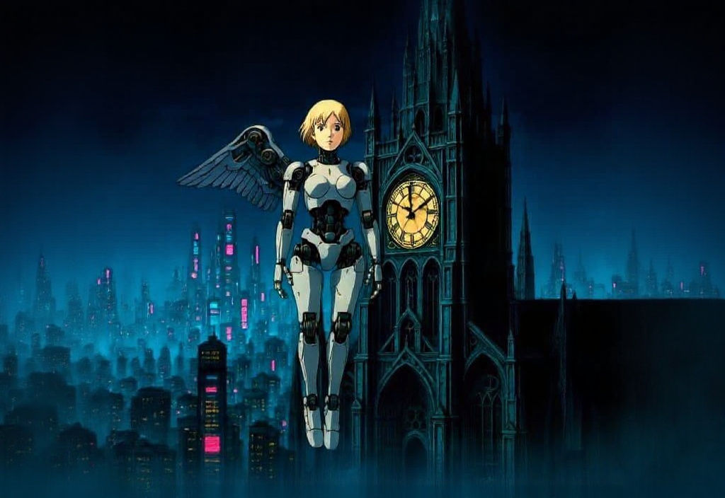 Robot Angel Over Cyberpunk City, Clockwork Cathedral