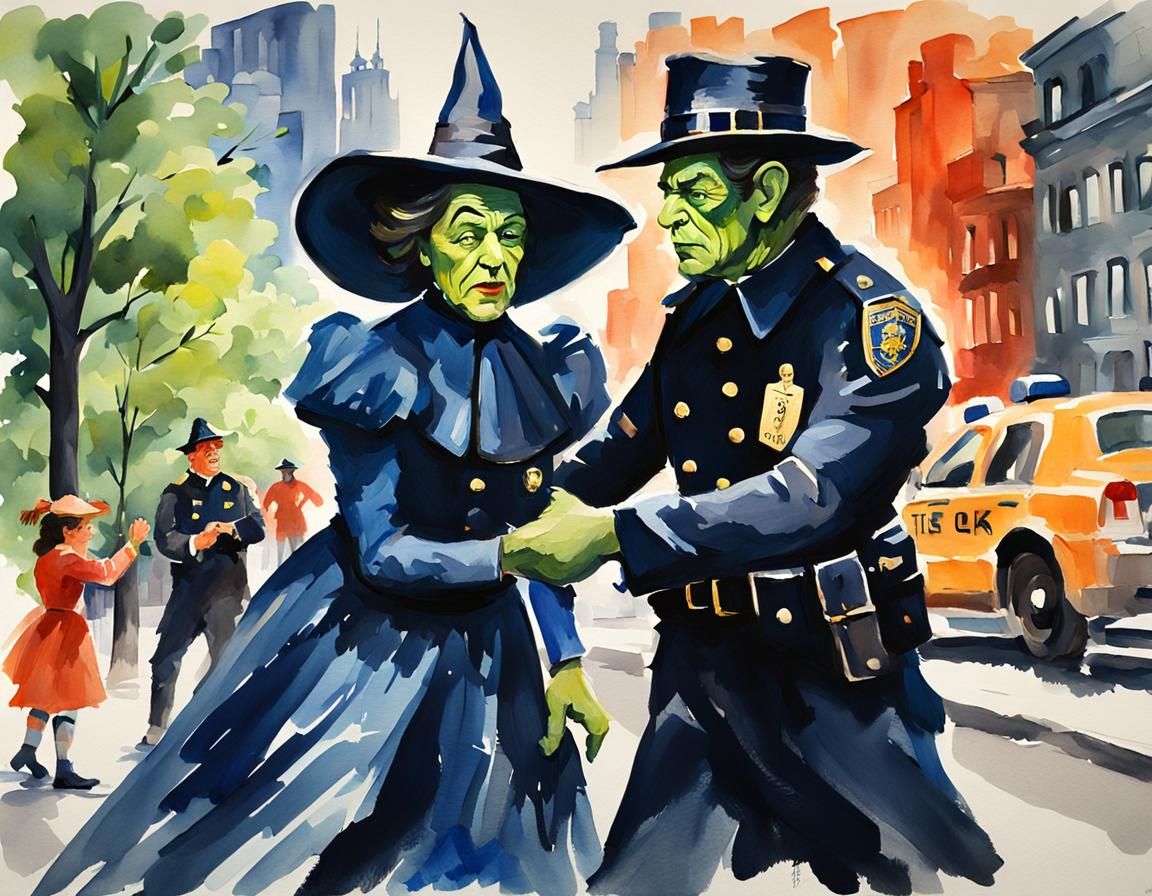 Wicked Witch as NYC Cop in Gouache Watercolor