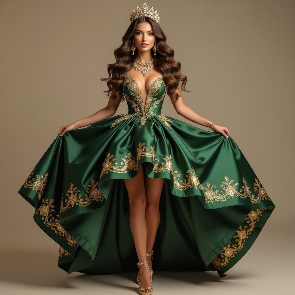 Elegant Model in Regal Green Gown With Gold Accents