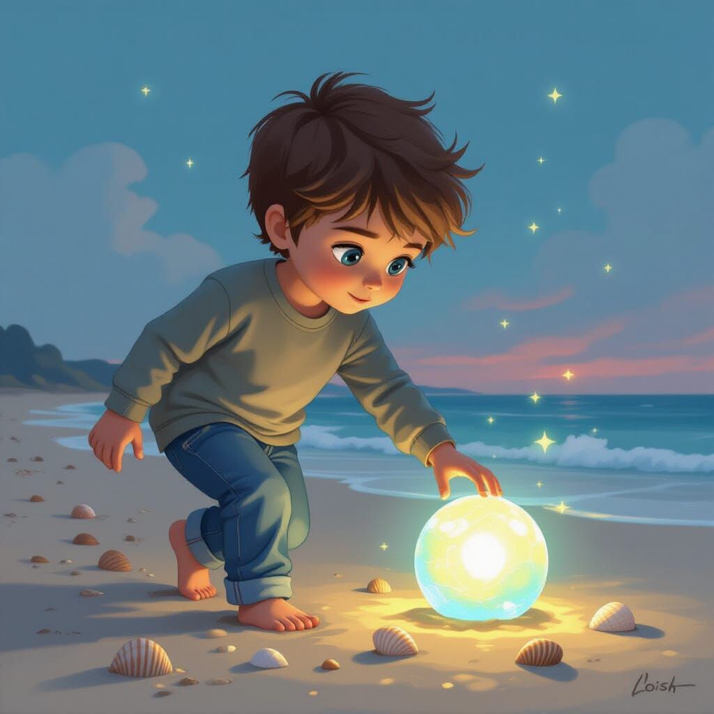 Boy Finds Glowing Orb on Beach in Vibrant Style