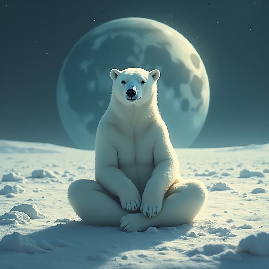 Polar Bear in Lunar Contemplation, Dreamy Surreal Art