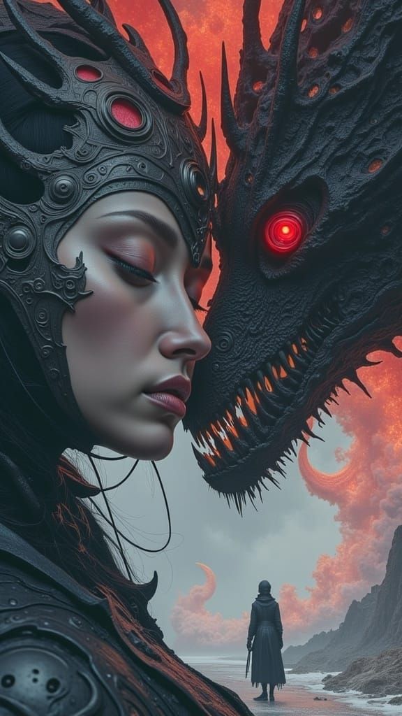 <lora:Caldre Norde:1.0> Dystopian sci-fi Maximalism science fiction atomic dragon cover illustration , (no letter), (no ...