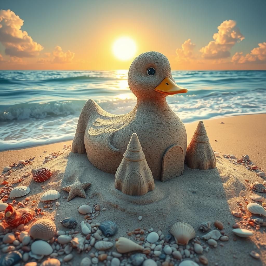 Duck Sandcastle on Sunny Beach in Surreal Style