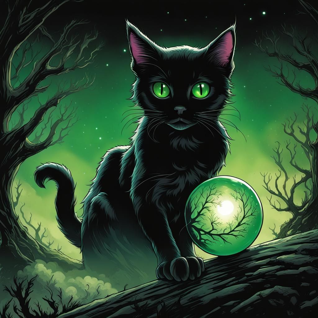 Mysterious Black Cat with Magic Orb