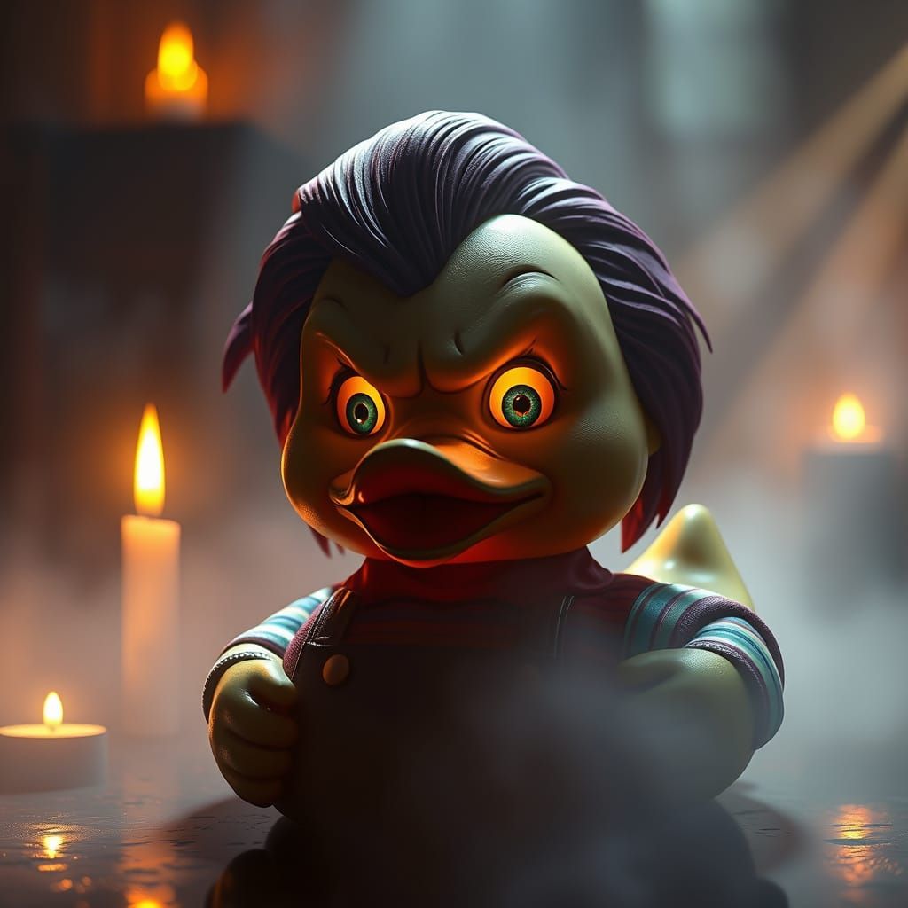 a chucky rubber duck with candle effects with chucky  game engine style, hyperrealistic with fog and sunbeam