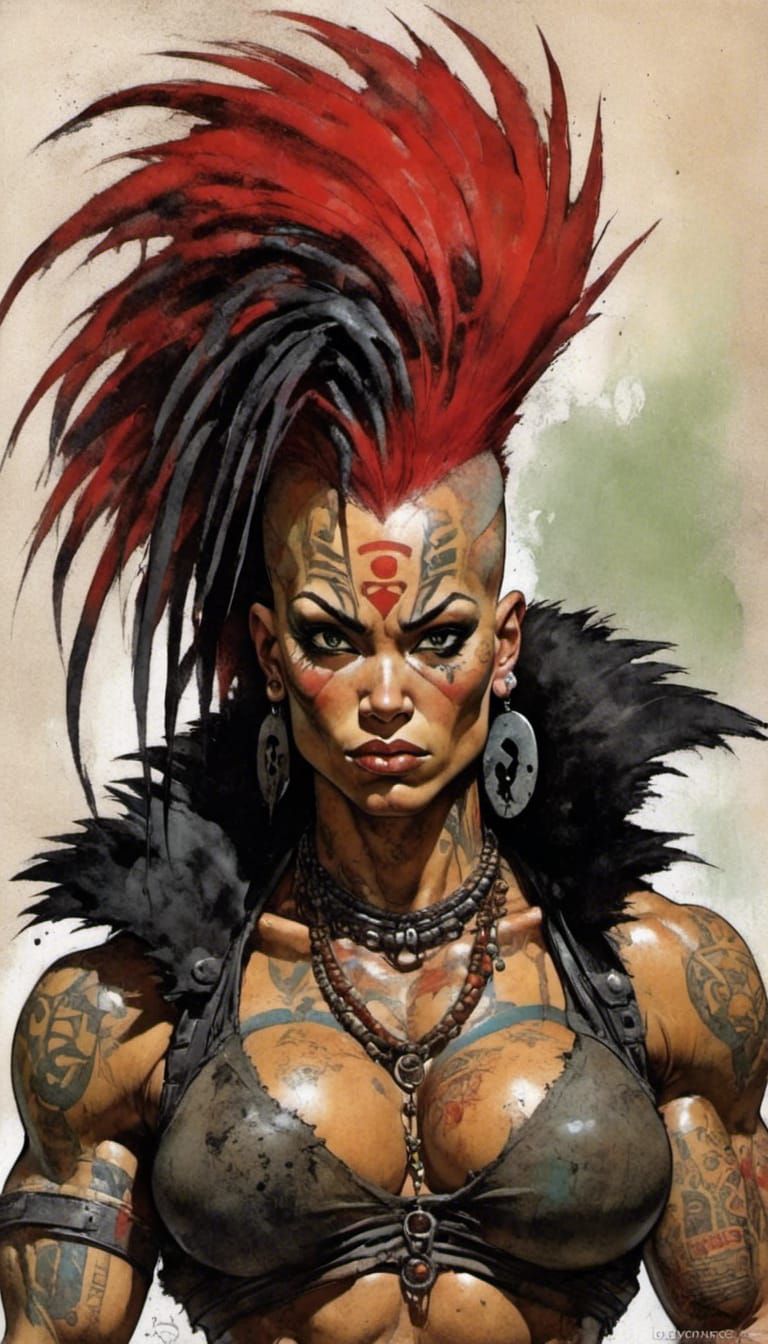 Muscular Tattooed Nomad with Mohawk in Comic Book Style