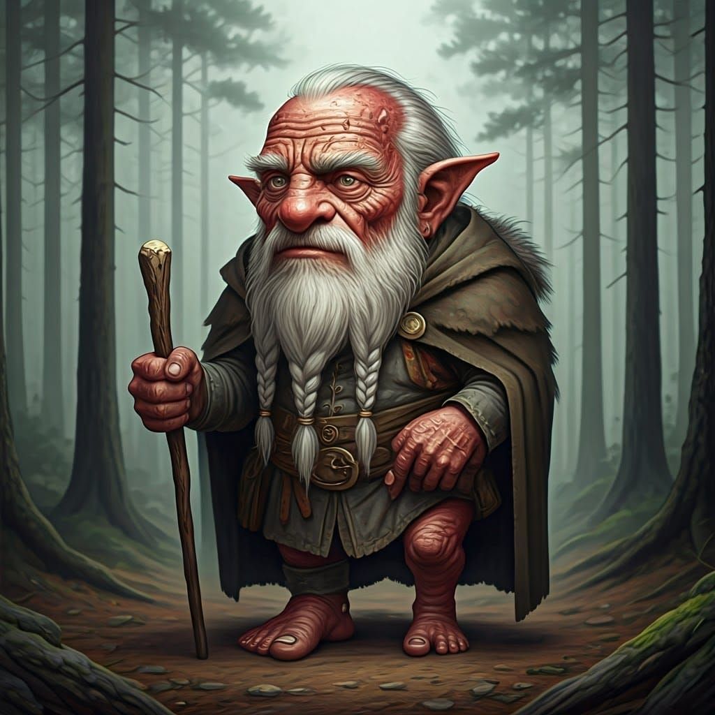 Dwarfish Uniped Creature in Misty Forest Illustration