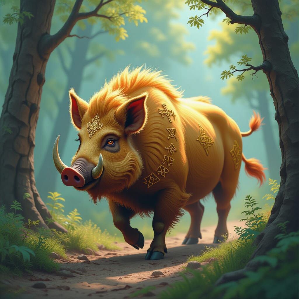 Golden Runed Boar Wanders Mystical Valhalla Forest