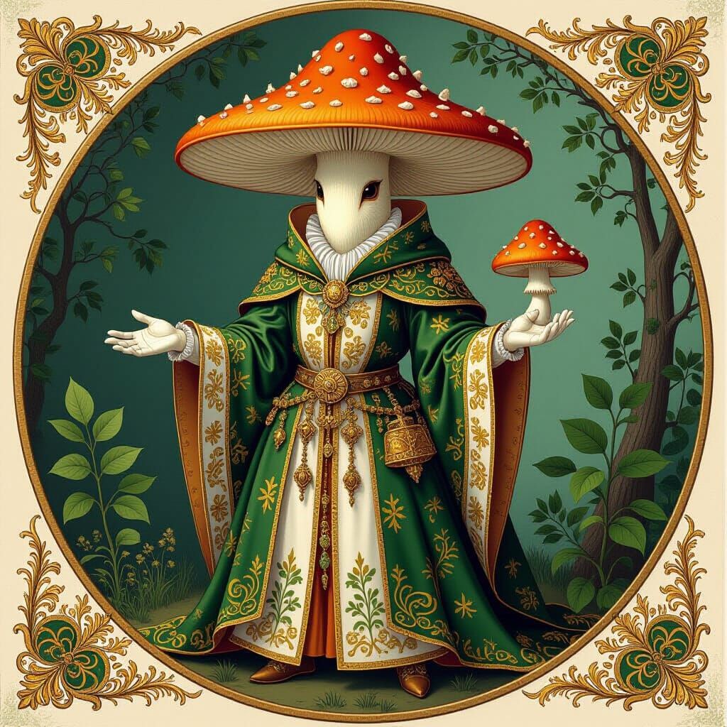 Mushroom Creature in Gothic Illuminated Manuscript Style