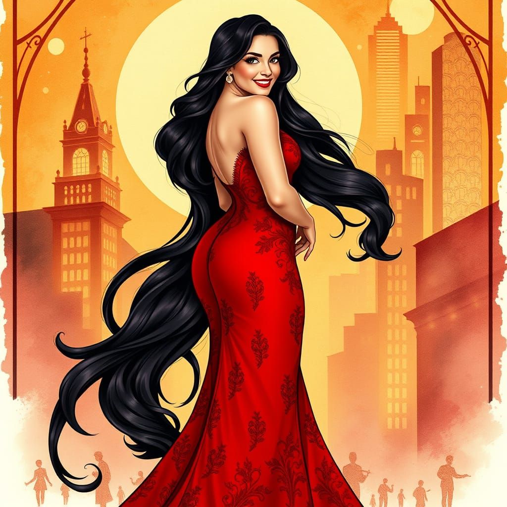 Elegant Woman in Art Nouveau-Inspired Red Evening Gown