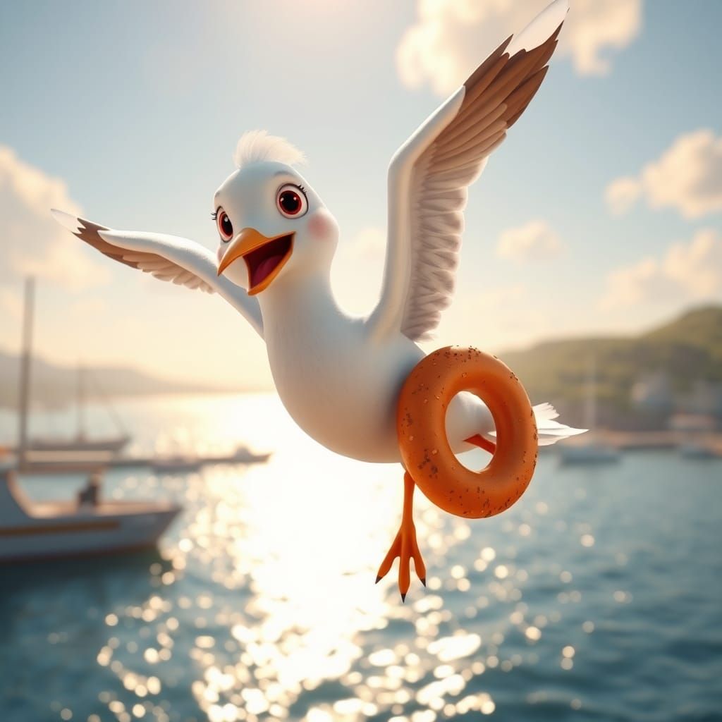Seagull with Bagel in 3D Rendered Illustration