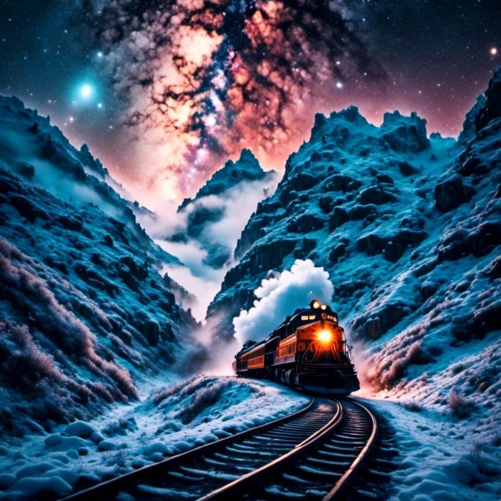 Snowy Train Under Starry Night Sky