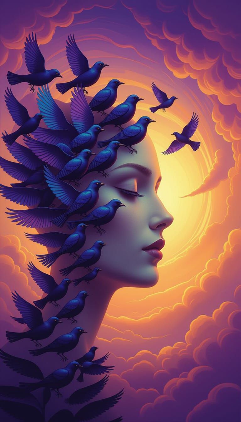 Surrealist Art Postcard: Birds Form Human Face in Dreamlike ...