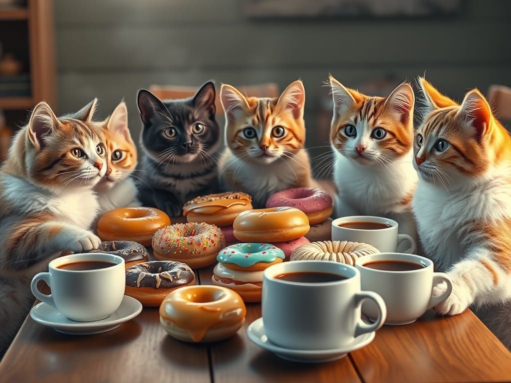 Cats Enjoying Coffee and Donuts Photorealistic Style
