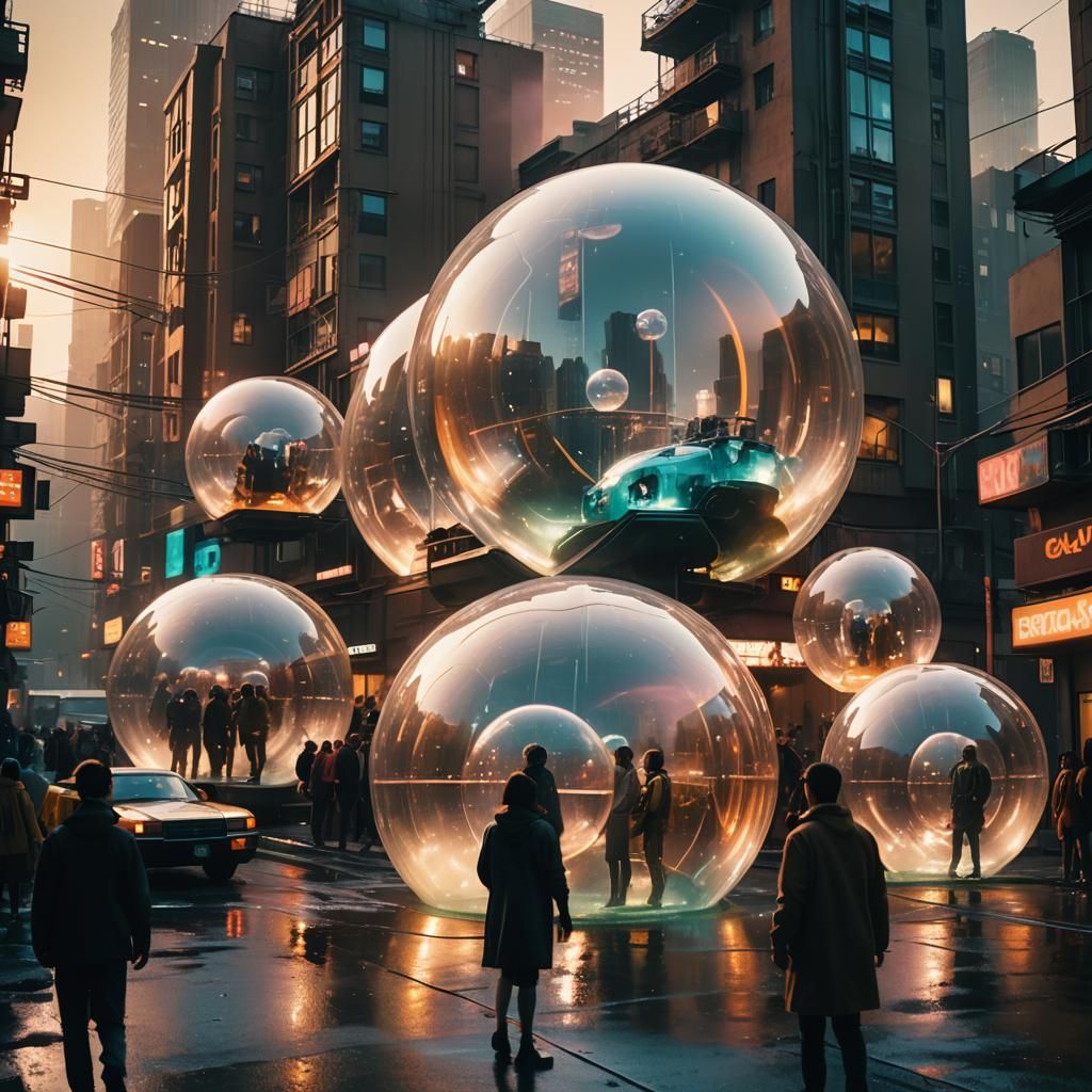Futuristic Cityscape with Vibrant Orbs in Golden Hour Glow