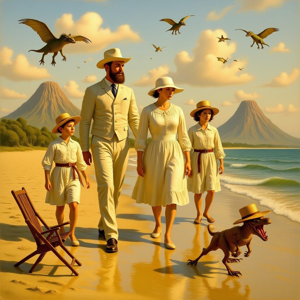 Victorian Family Stroll on Beach as Oil Painting