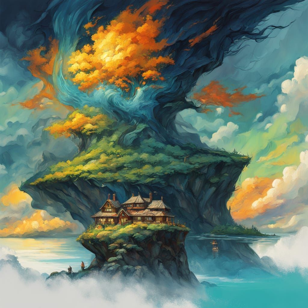 Gouache Style Duel of Sorcerers in a Swirling Storm