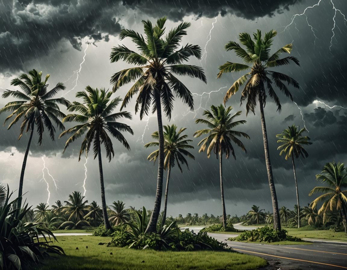 Tropical Hurricane Bends Palm Trees: Vintage Photoillustrati...